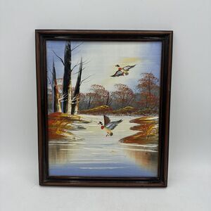 Small Original Oil Painting Vintage Nature Ducks Trees Stream Woods Framed